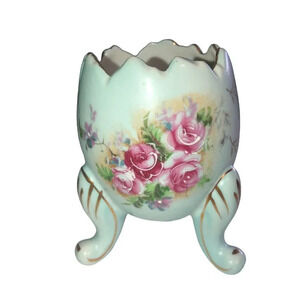 Vintage INARCO '62 Three Footed Floral Blue Gold Rim Porcelain Cracked Egg Vase